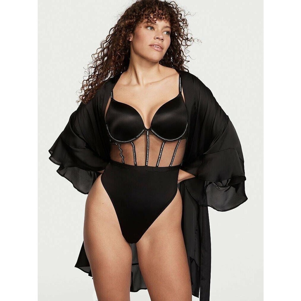 Victoria’s Secret Satin Black Rhinestone Trim Push-Up Corset Bodysuit